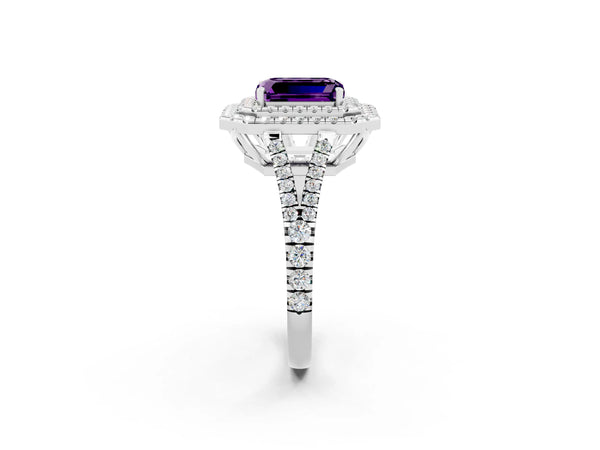White gold Emerald Cut Amethyst Double Halo Ring with Pavé Band and Prong Setting
