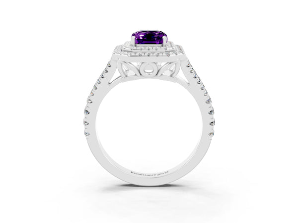 White gold Emerald Cut Amethyst Double Halo Ring with Pavé Band and Prong Setting