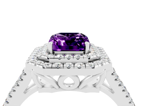 White gold Emerald Cut Amethyst Double Halo Ring with Pavé Band and Prong Setting_16