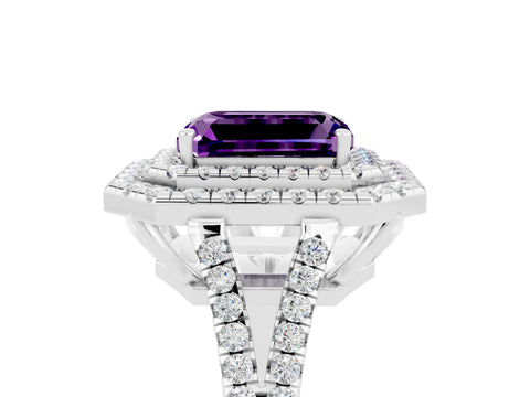 White gold Emerald Cut Amethyst Double Halo Ring with Pavé Band and Prong Setting_17