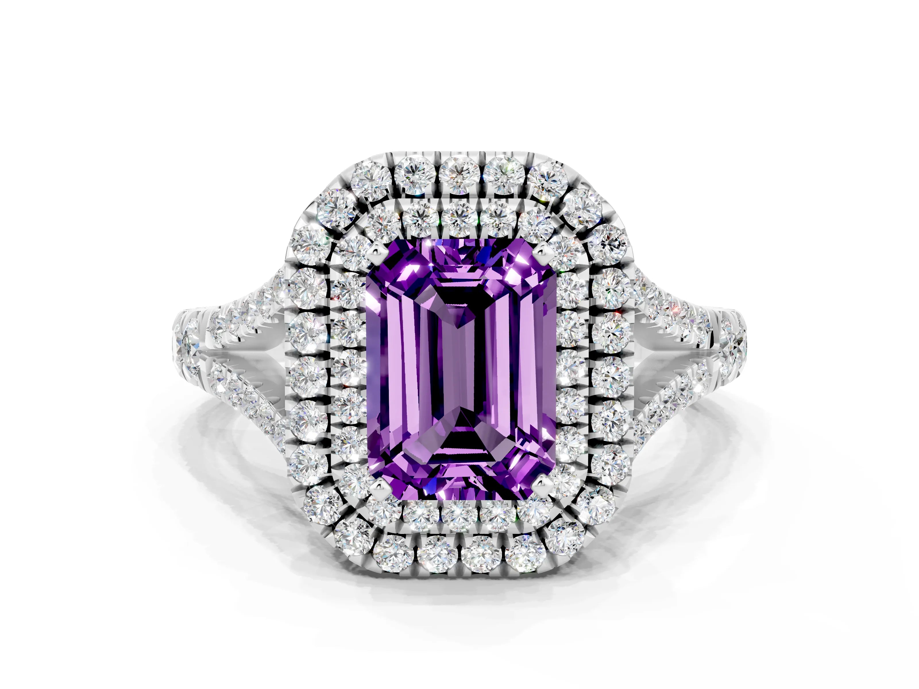White gold Emerald Cut Amethyst Double Halo Ring with Split Shank and Prong Setting_12