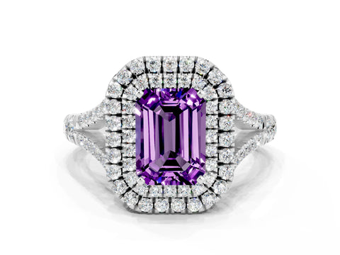 White gold Emerald Cut Amethyst Double Halo Ring with Split Shank and Prong Setting_12