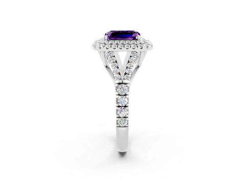 White gold Emerald Cut Amethyst Double Halo Ring with Split Shank and Prong Setting_14
