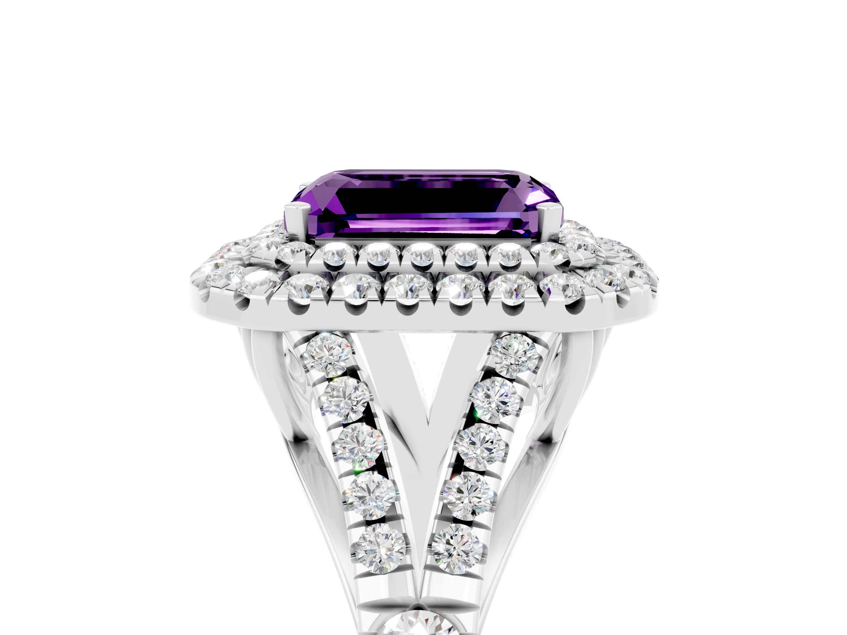 White gold Emerald Cut Amethyst Double Halo Ring with Split Shank and Prong Setting_17