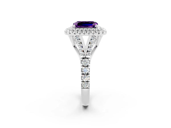 White gold Emerald Cut Amethyst Double Halo Ring with Split Shank and Prong Setting