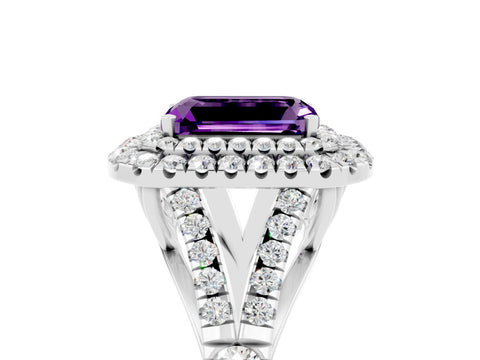 White gold Emerald Cut Amethyst Double Halo Ring with Split Shank and Prong Setting_29