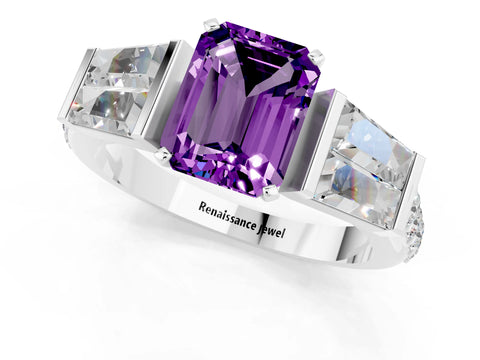 White gold Emerald Cut Amethyst Engagement Ring with Baguette Side Stones and Channel Set Band_1
