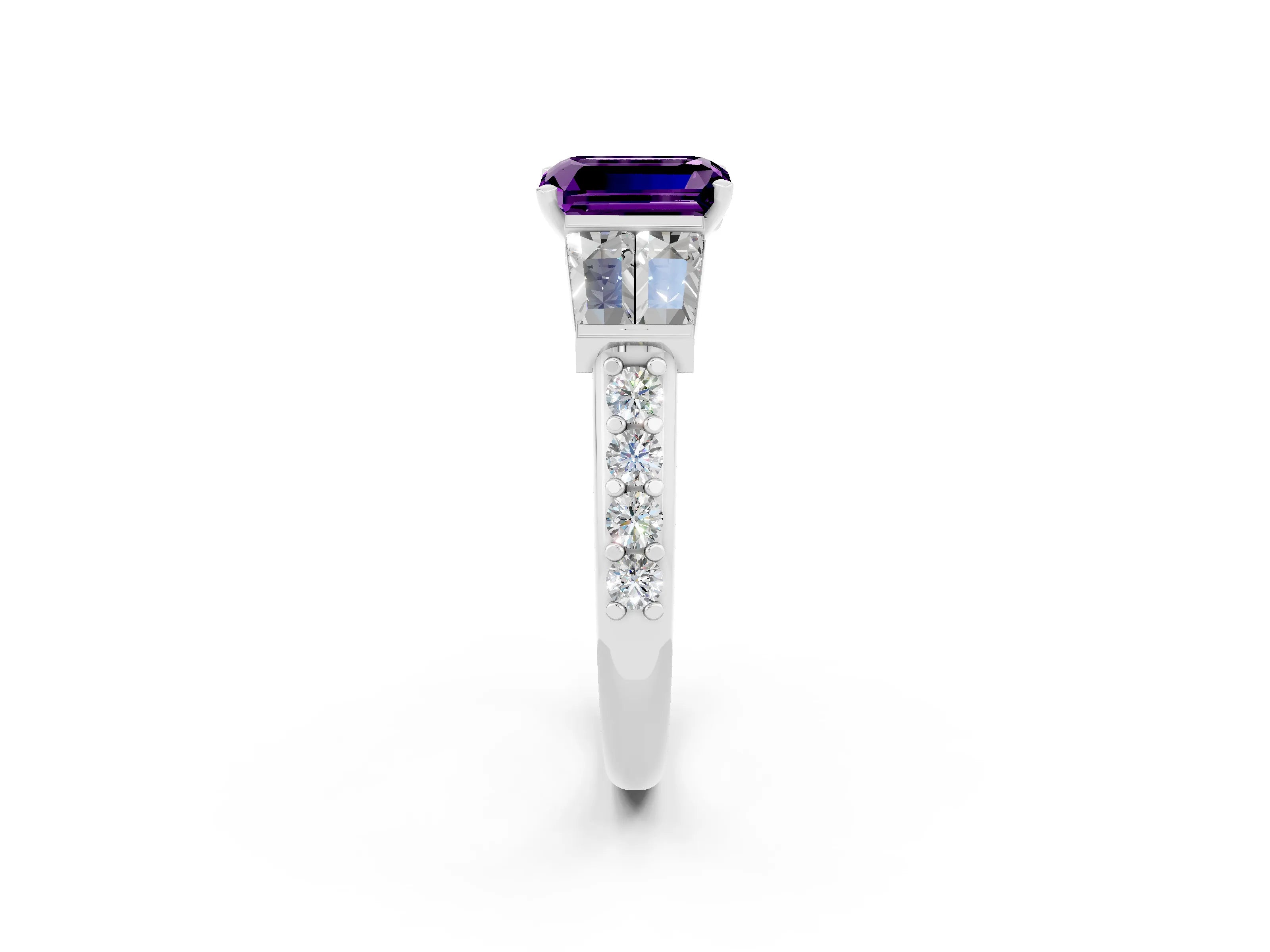White gold Emerald Cut Amethyst Engagement Ring with Baguette Side Stones and Channel Set Band_2