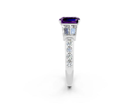White gold Emerald Cut Amethyst Engagement Ring with Baguette Side Stones and Channel Set Band_2