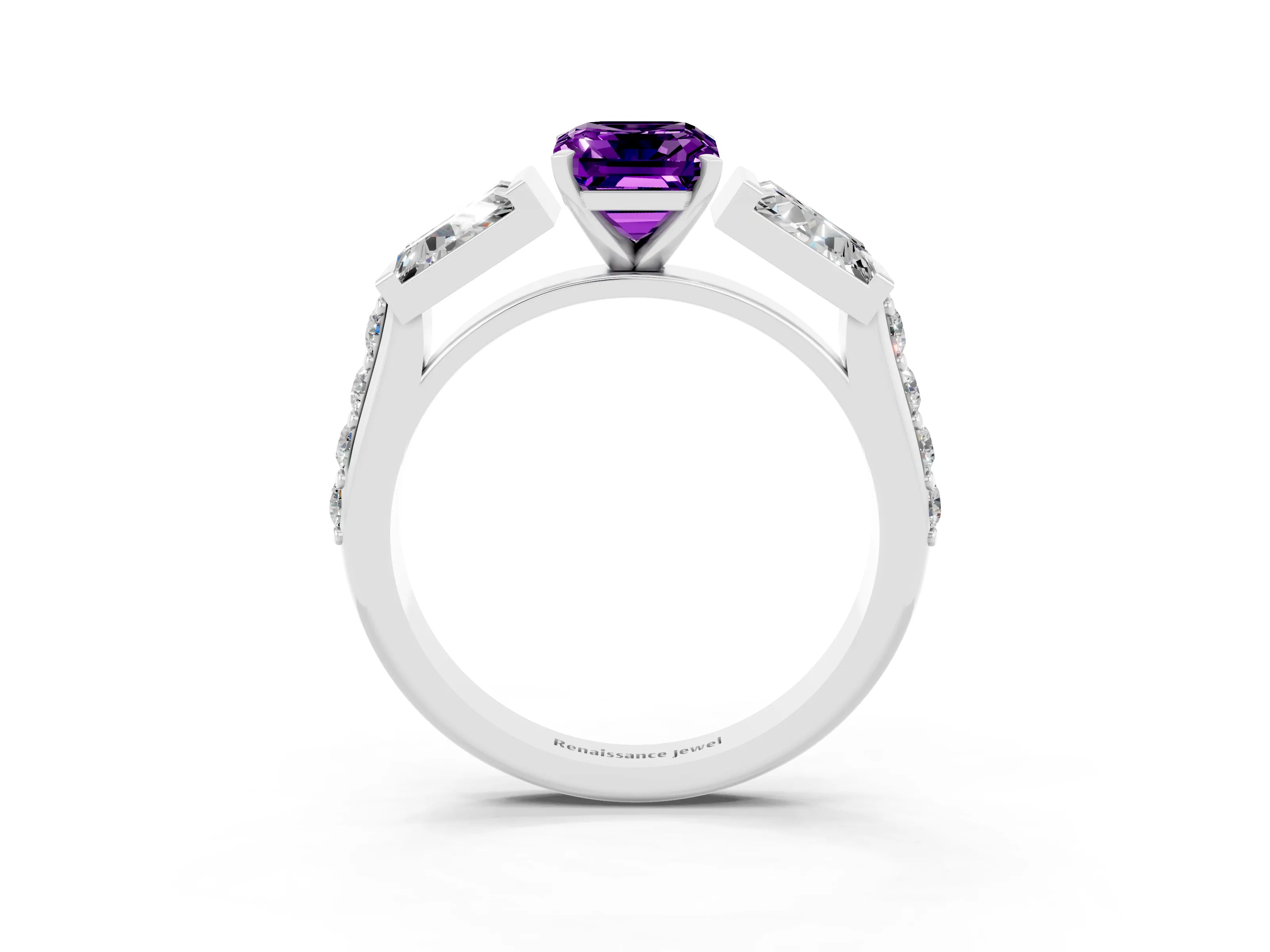 White gold Emerald Cut Amethyst Engagement Ring with Baguette Side Stones and Channel Set Band_3
