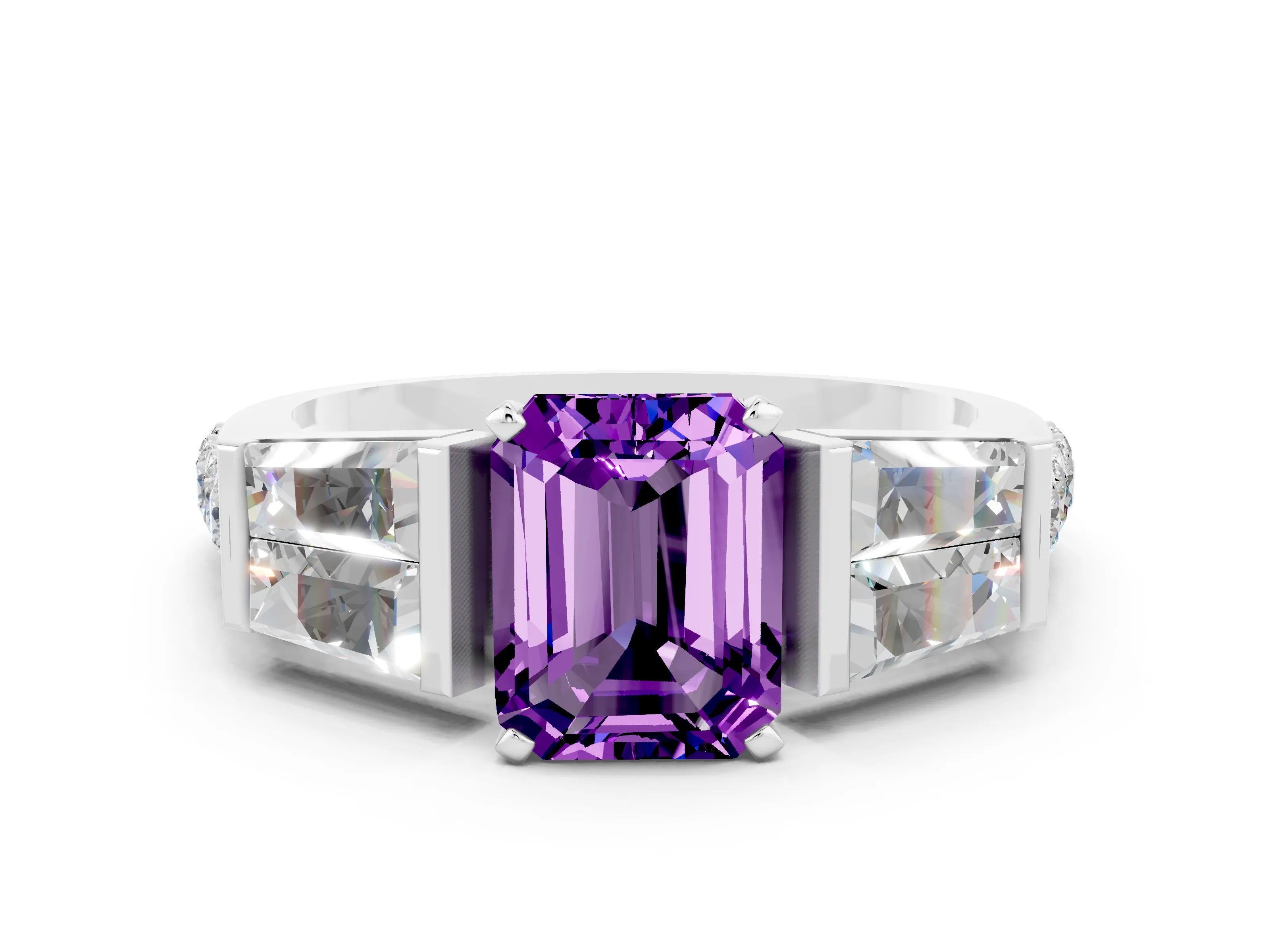 White gold Emerald Cut Amethyst Engagement Ring with Baguette Side Stones and Channel Set Band