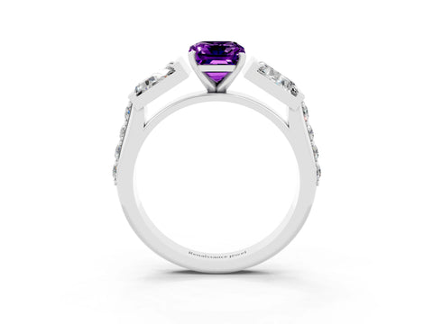 White gold Emerald Cut Amethyst Engagement Ring with Baguette Side Stones and Channel Set Band_3