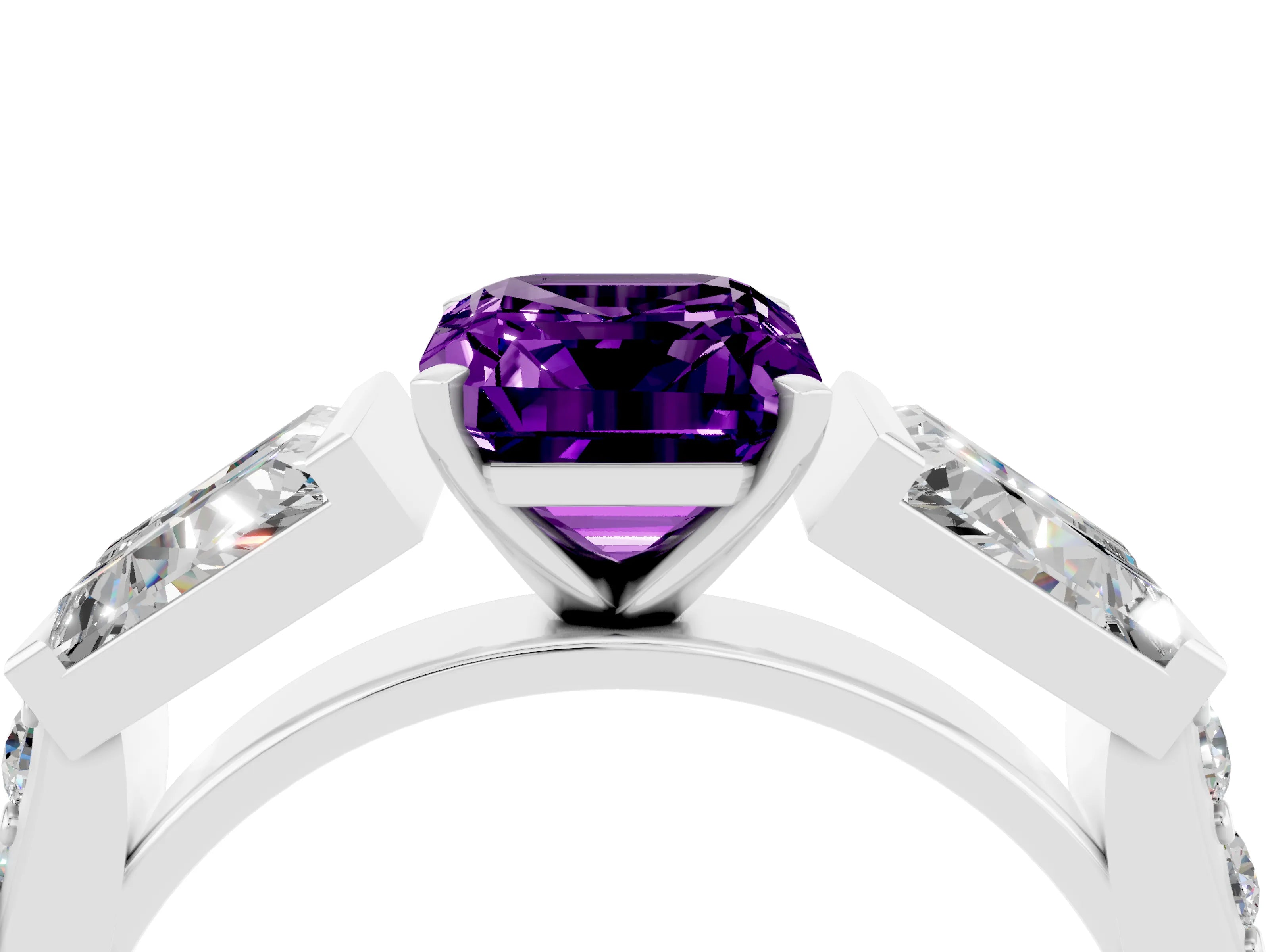 White gold Emerald Cut Amethyst Engagement Ring with Baguette Side Stones and Channel Set Band_4