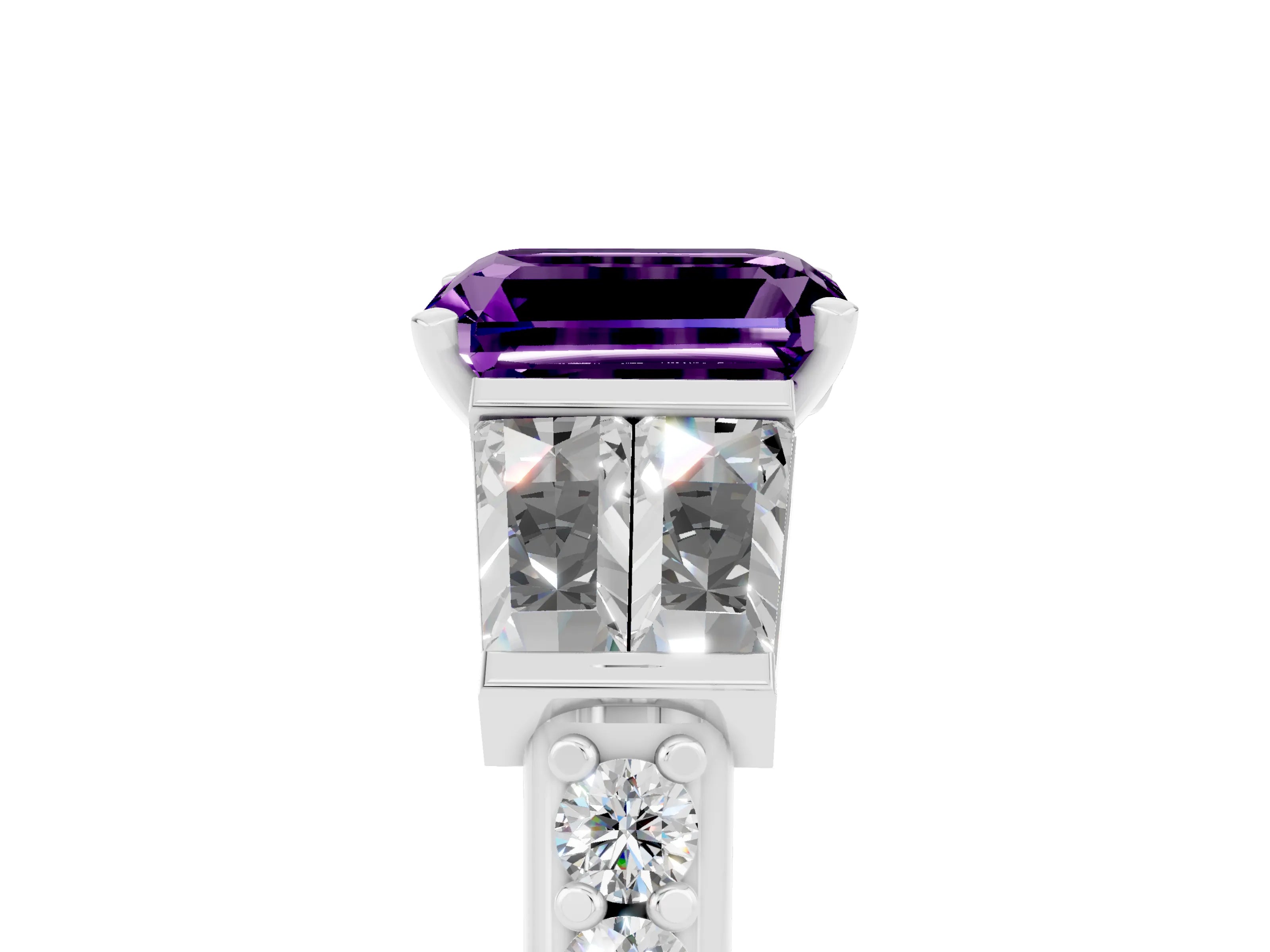 White gold Emerald Cut Amethyst Engagement Ring with Baguette Side Stones and Channel Set Band_5