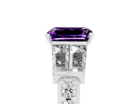 White gold Emerald Cut Amethyst Engagement Ring with Baguette Side Stones and Channel Set Band_5