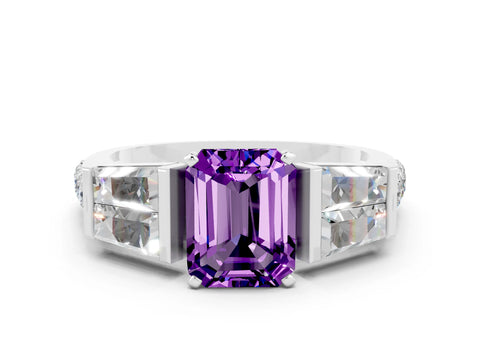 White gold Emerald Cut Amethyst Engagement Ring with Baguette Side Stones and Channel Set Band