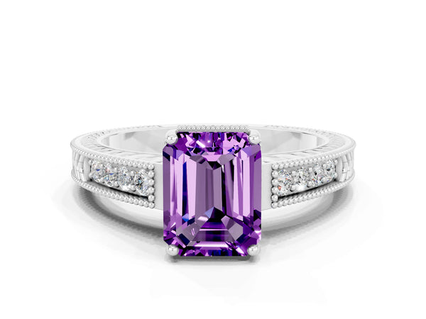 Platinum Emerald Cut Amethyst Engagement Ring with Milgrain Channel Set Band and Prong Setting