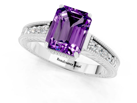 White gold Emerald Cut Amethyst Engagement Ring with Milgrain Channel Set Band and Prong Setting_1
