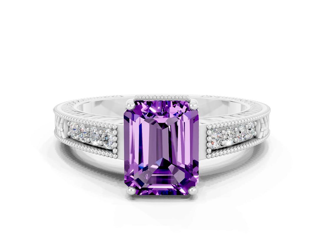 White gold Emerald Cut Amethyst Engagement Ring with Milgrain Channel Set Band and Prong Setting