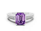 White gold Emerald Cut Amethyst Engagement Ring with Milgrain Channel Set Band and Prong Setting