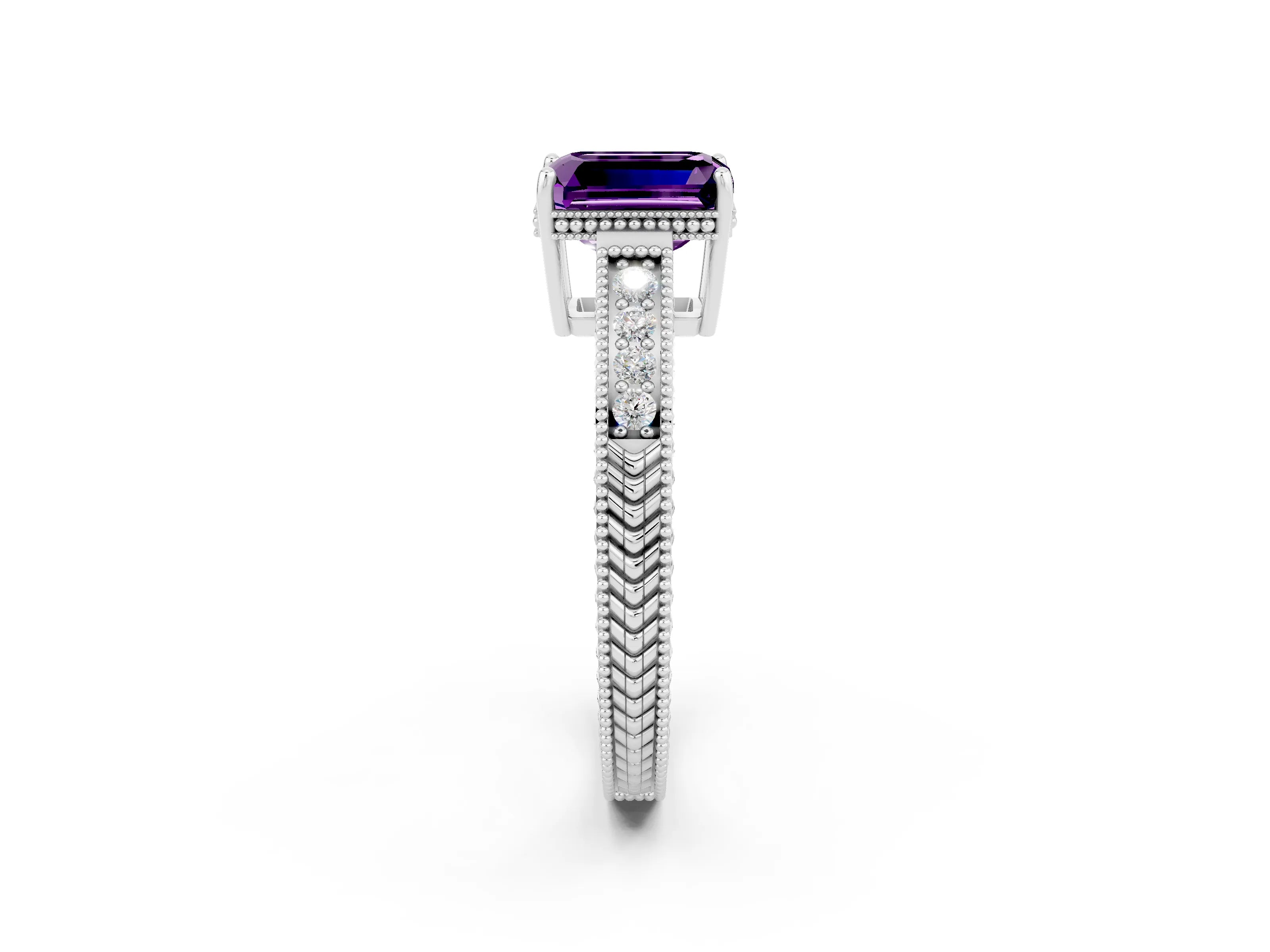White gold Emerald Cut Amethyst Engagement Ring with Milgrain Channel Set Band and Prong Setting_2