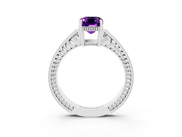Platinum Emerald Cut Amethyst Engagement Ring with Milgrain Channel Set Band and Prong Setting
