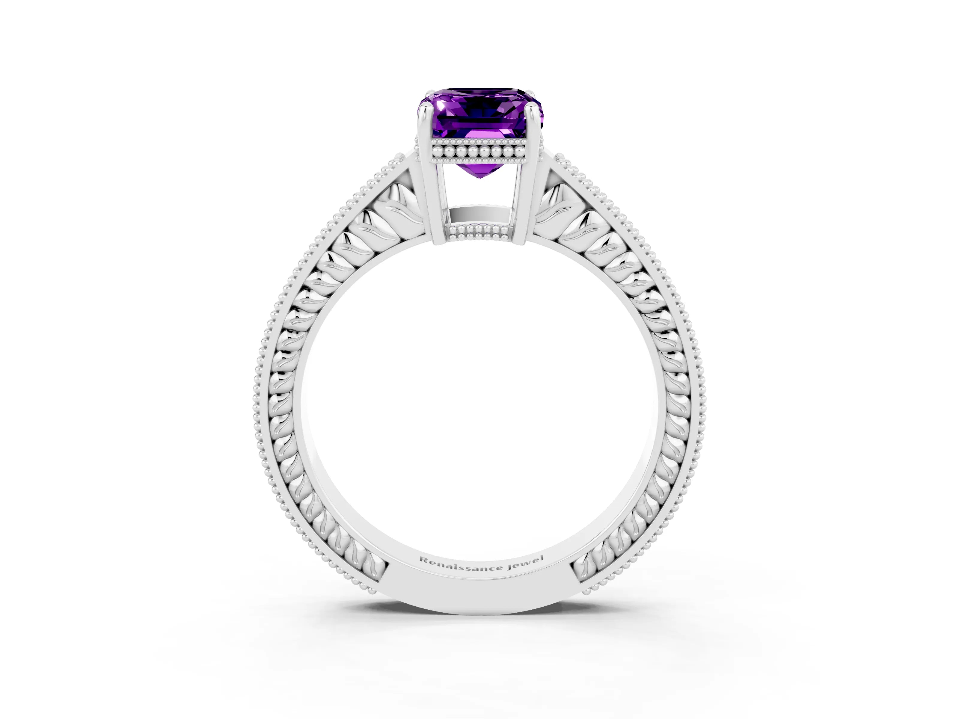 White gold Emerald Cut Amethyst Engagement Ring with Milgrain Channel Set Band and Prong Setting_3