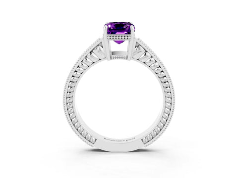 White gold Emerald Cut Amethyst Engagement Ring with Milgrain Channel Set Band and Prong Setting_3