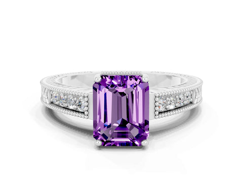 White gold Emerald Cut Amethyst Engagement Ring with Milgrain Channel Set Band and Prong Setting