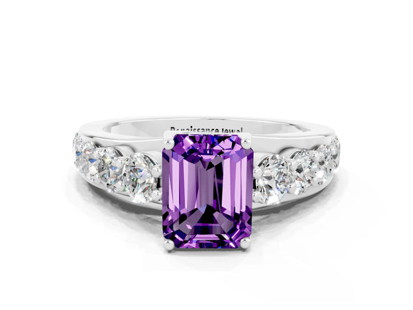 Platinum Emerald Cut Amethyst Engagement Ring with Pavé Band and Four-Prong Setting