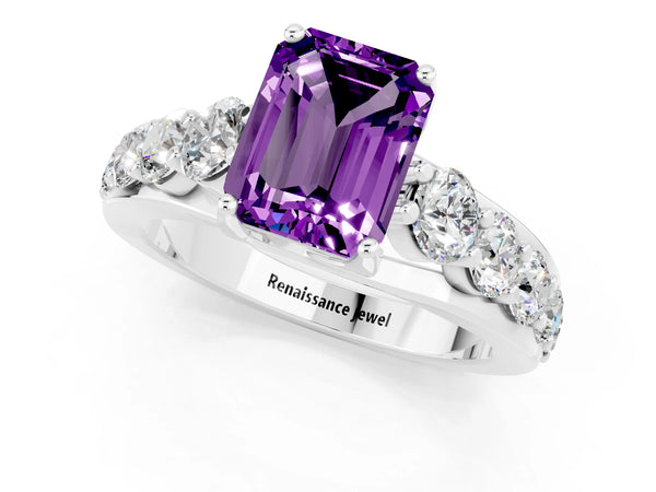Platinum Emerald Cut Amethyst Engagement Ring with Pavé Band and Four-Prong Setting