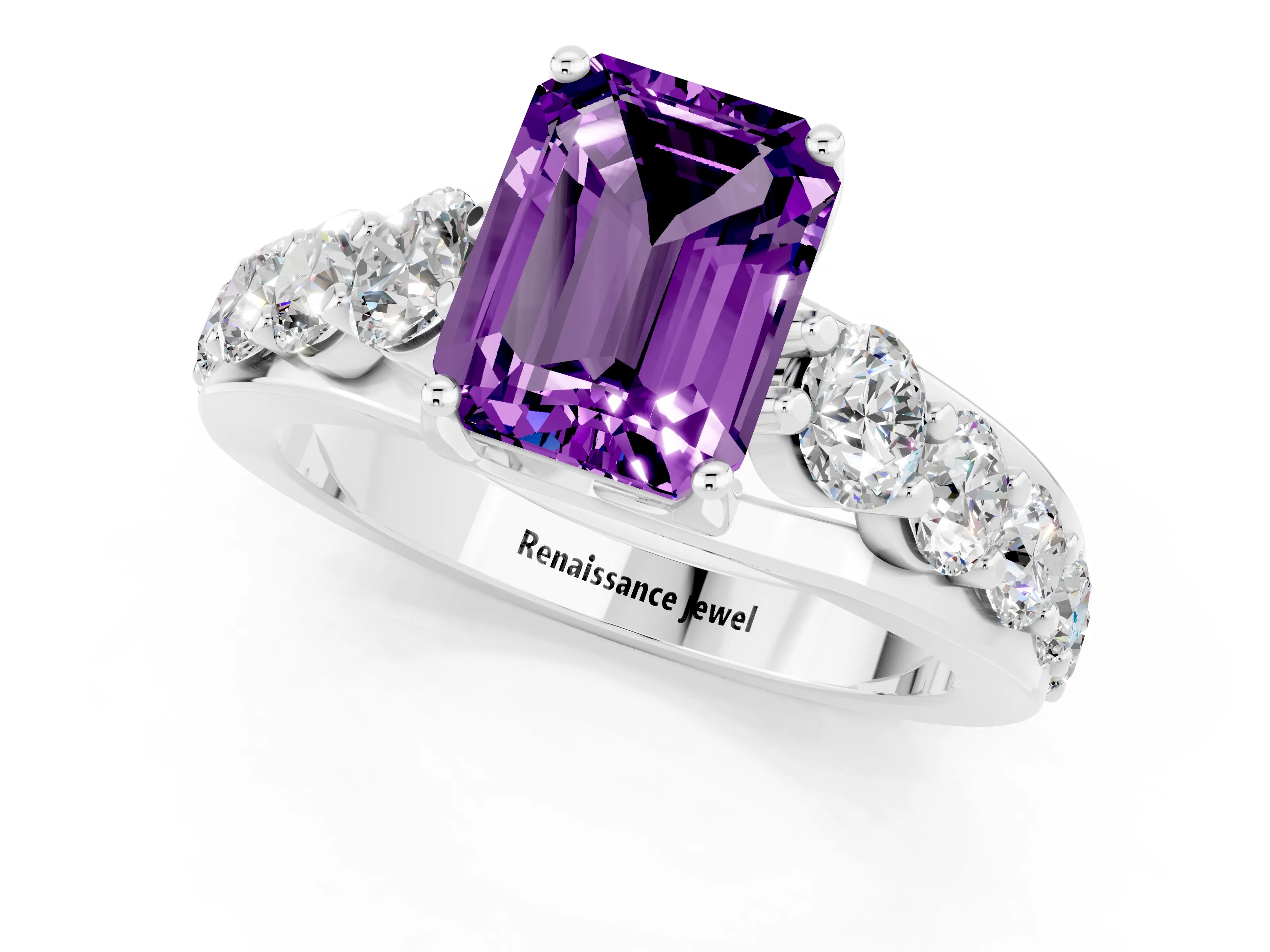 White gold Emerald Cut Amethyst Engagement Ring with Pavé Band and Four-Prong Setting_1