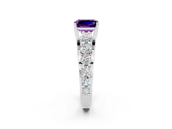 Platinum Emerald Cut Amethyst Engagement Ring with Pavé Band and Four-Prong Setting