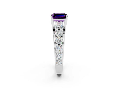 White gold Emerald Cut Amethyst Engagement Ring with Pavé Band and Four-Prong Setting_2