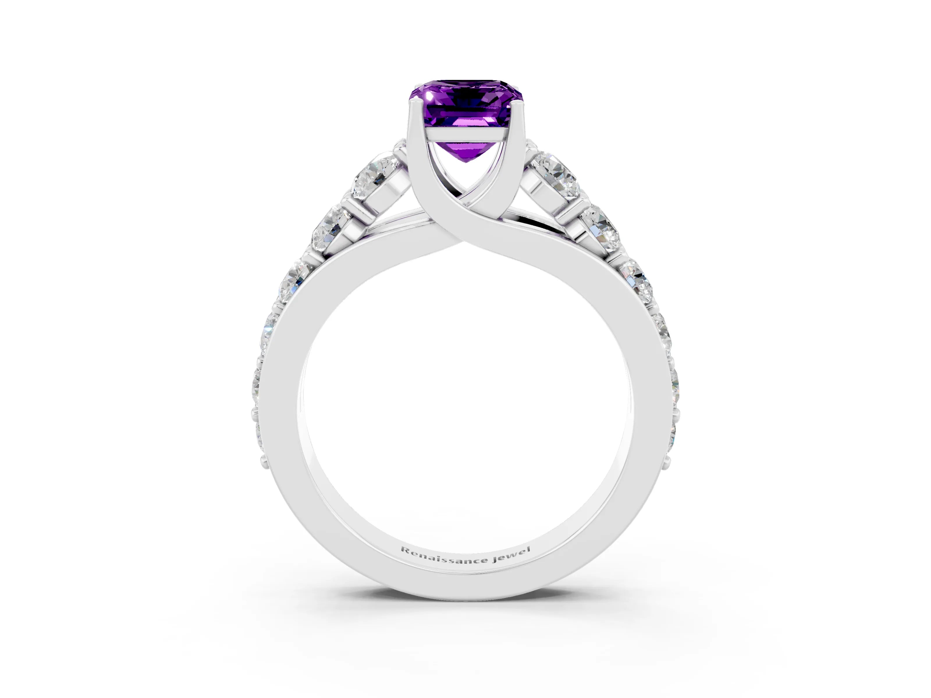 White gold Emerald Cut Amethyst Engagement Ring with Pavé Band and Four-Prong Setting_3