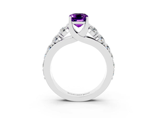 Platinum Emerald Cut Amethyst Engagement Ring with Pavé Band and Four-Prong Setting