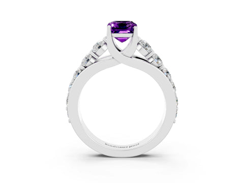 White gold Emerald Cut Amethyst Engagement Ring with Pavé Band and Four-Prong Setting_3