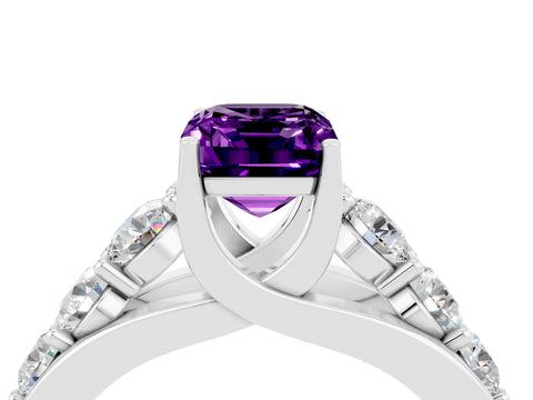 White gold Emerald Cut Amethyst Engagement Ring with Pavé Band and Four-Prong Setting_4