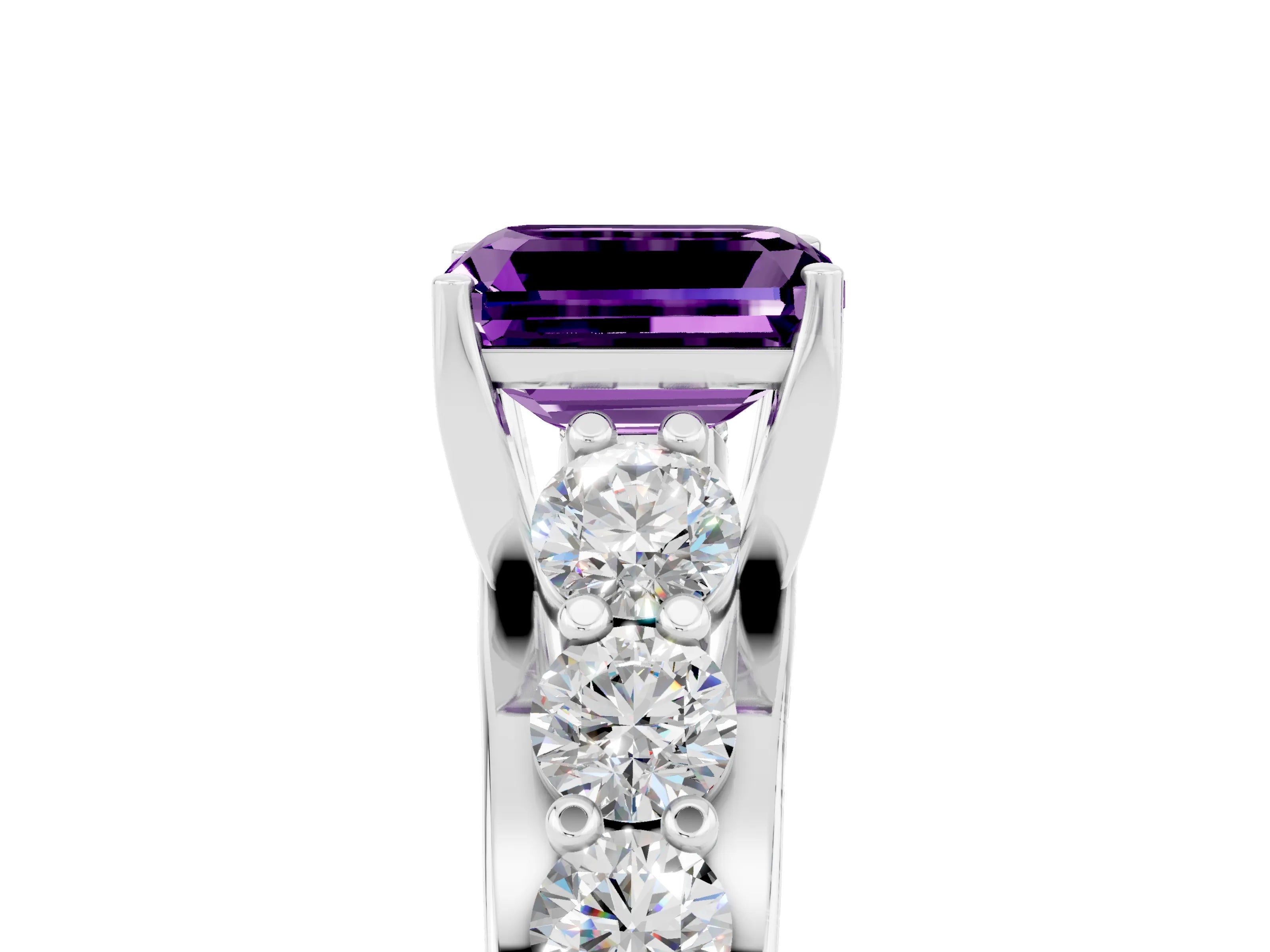 White gold Emerald Cut Amethyst Engagement Ring with Pavé Band and Four-Prong Setting_5