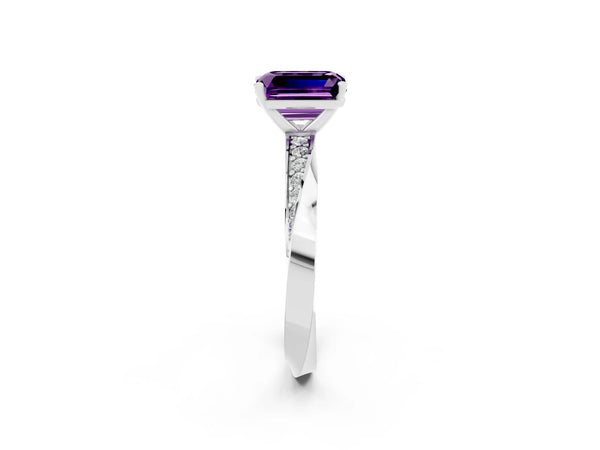 Platinum Emerald Cut Amethyst Engagement Ring with Side Stone Accents and Four-Prong Setting