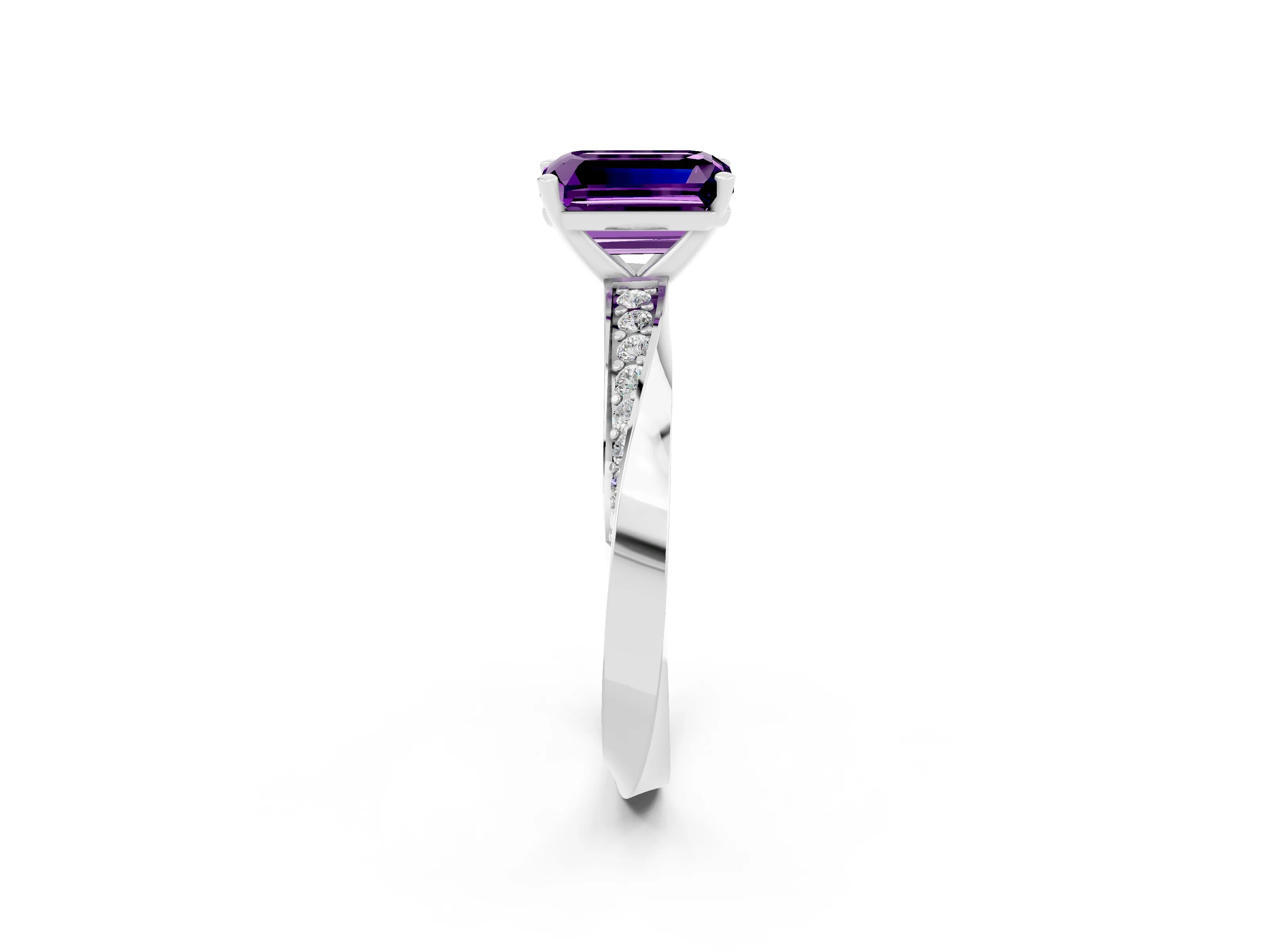 White gold Emerald Cut Amethyst Engagement Ring with Side Stone Accents and Four-Prong Setting_29