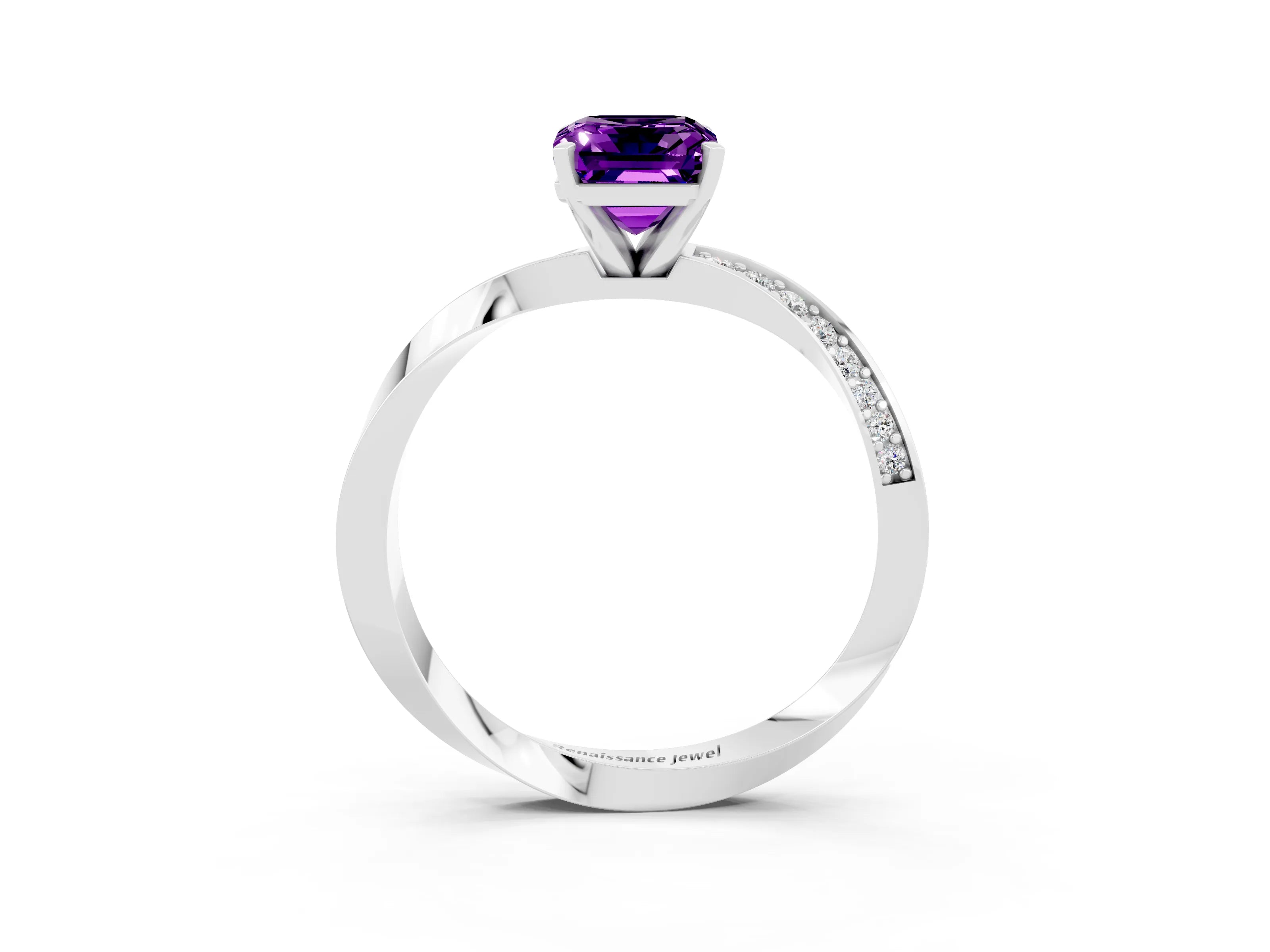 White gold Emerald Cut Amethyst Engagement Ring with Side Stone Accents and Four-Prong Setting_30
