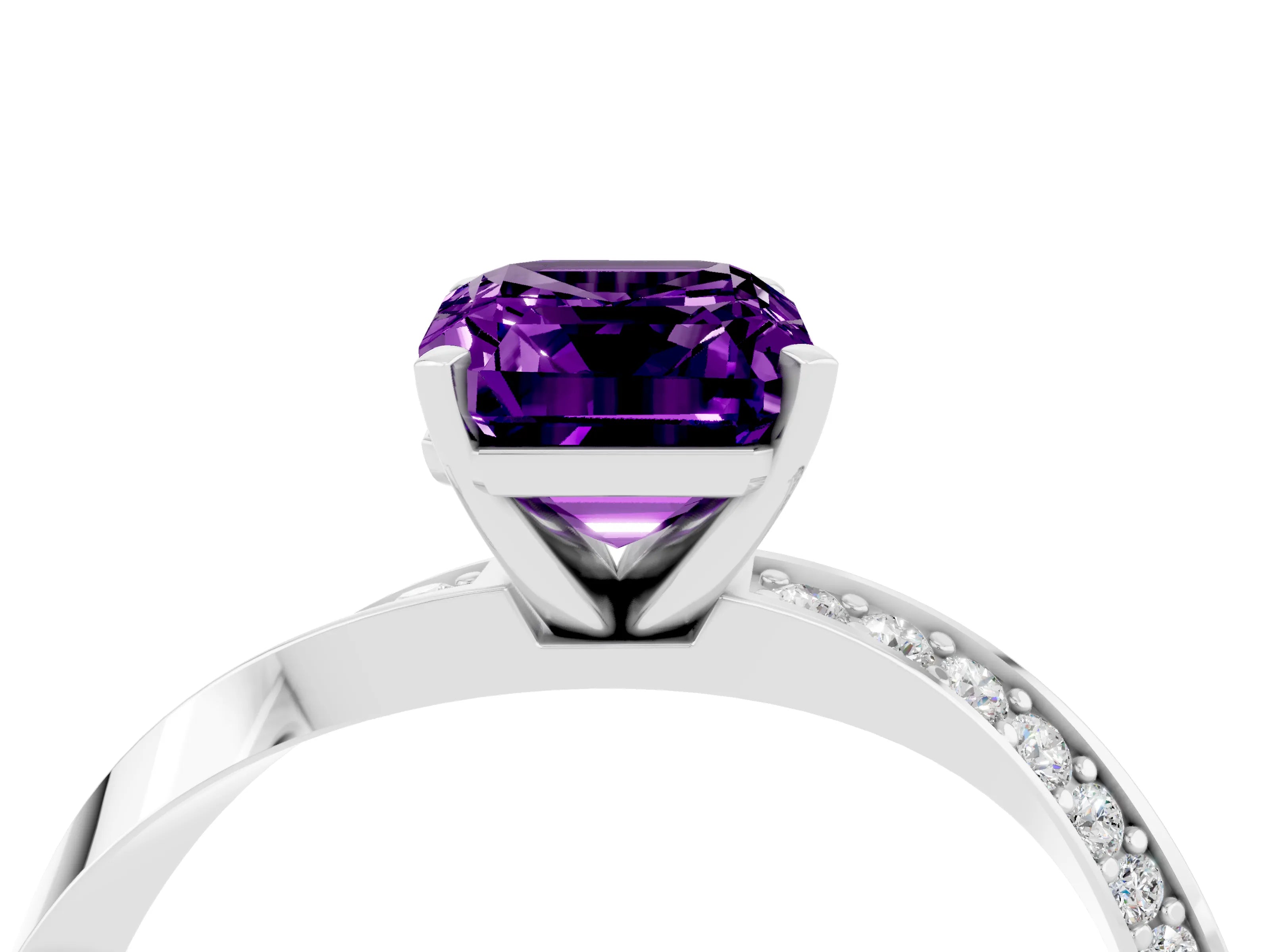 White gold Emerald Cut Amethyst Engagement Ring with Side Stone Accents and Four-Prong Setting_31