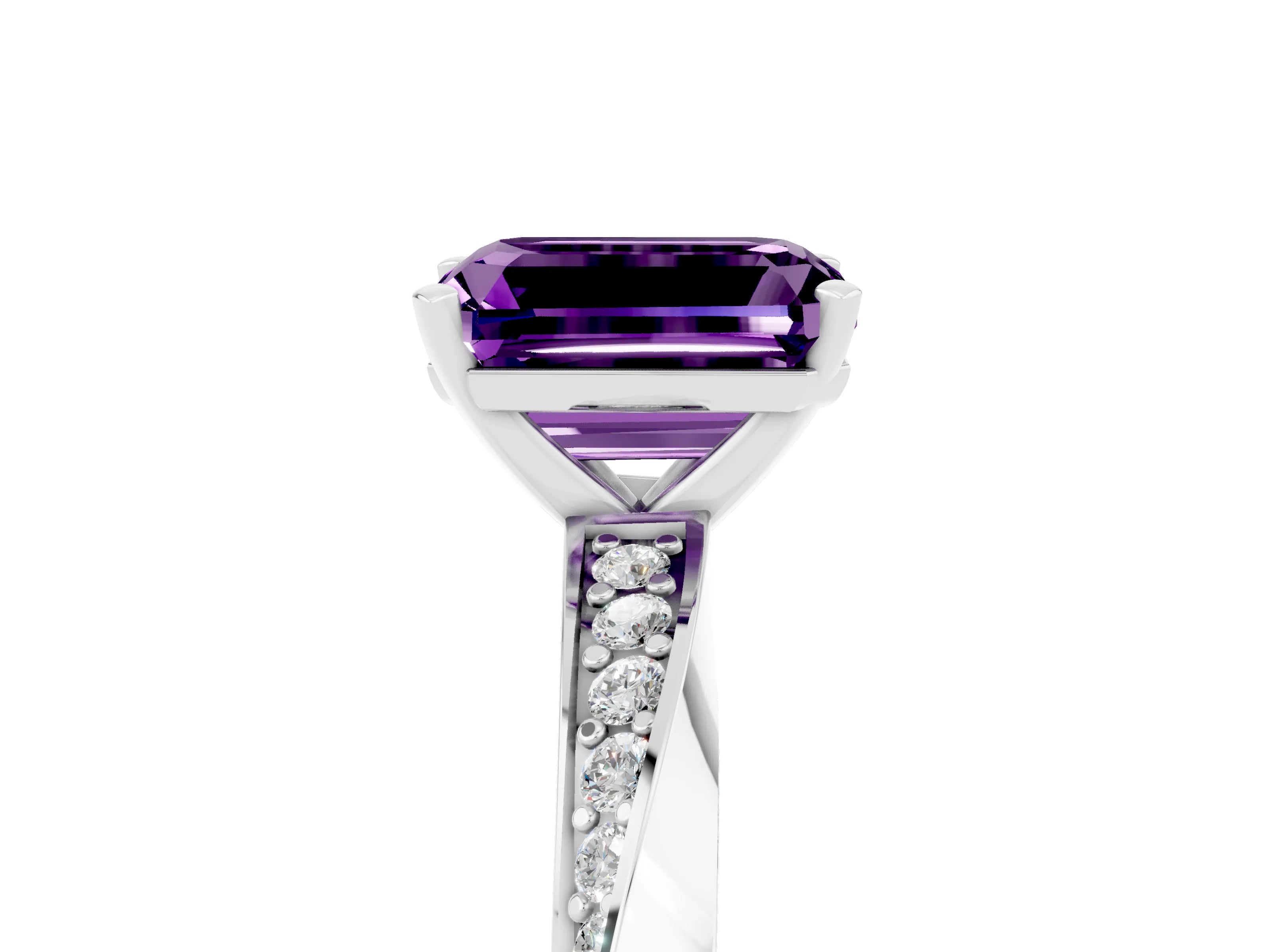 White gold Emerald Cut Amethyst Engagement Ring with Side Stone Accents and Four-Prong Setting_32