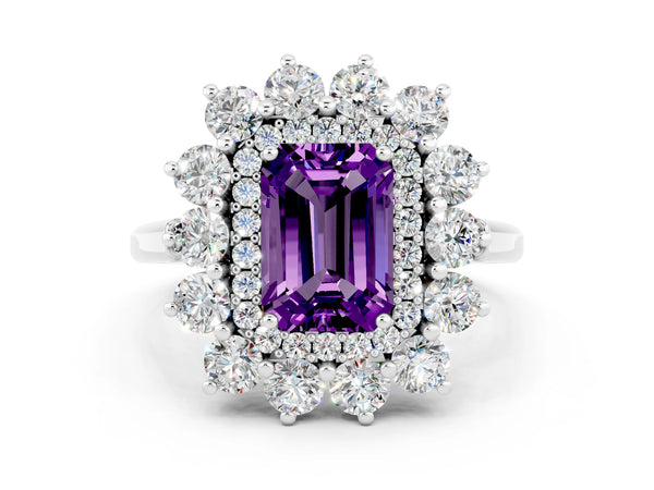 Silver Emerald Cut Amethyst Floral Double Halo Engagement Ring with Prong Setting