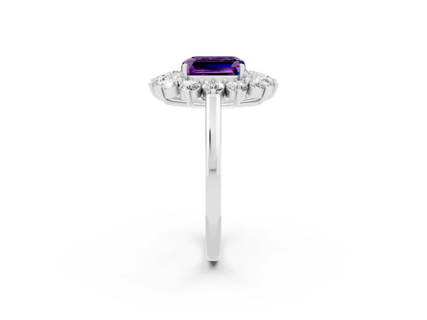 Platinum Emerald Cut Amethyst Floral Double Halo Engagement Ring with Prong Setting