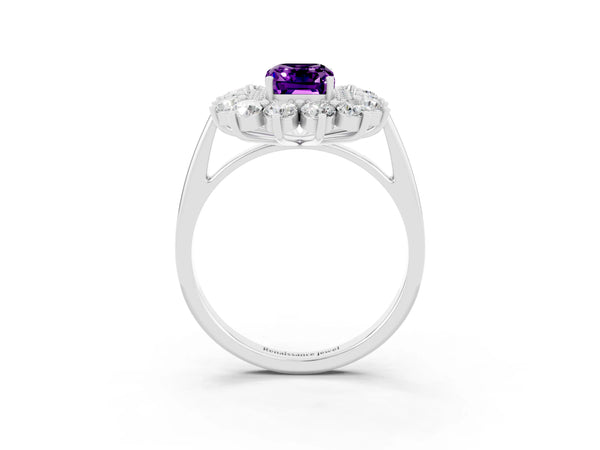 Platinum Emerald Cut Amethyst Floral Double Halo Engagement Ring with Prong Setting