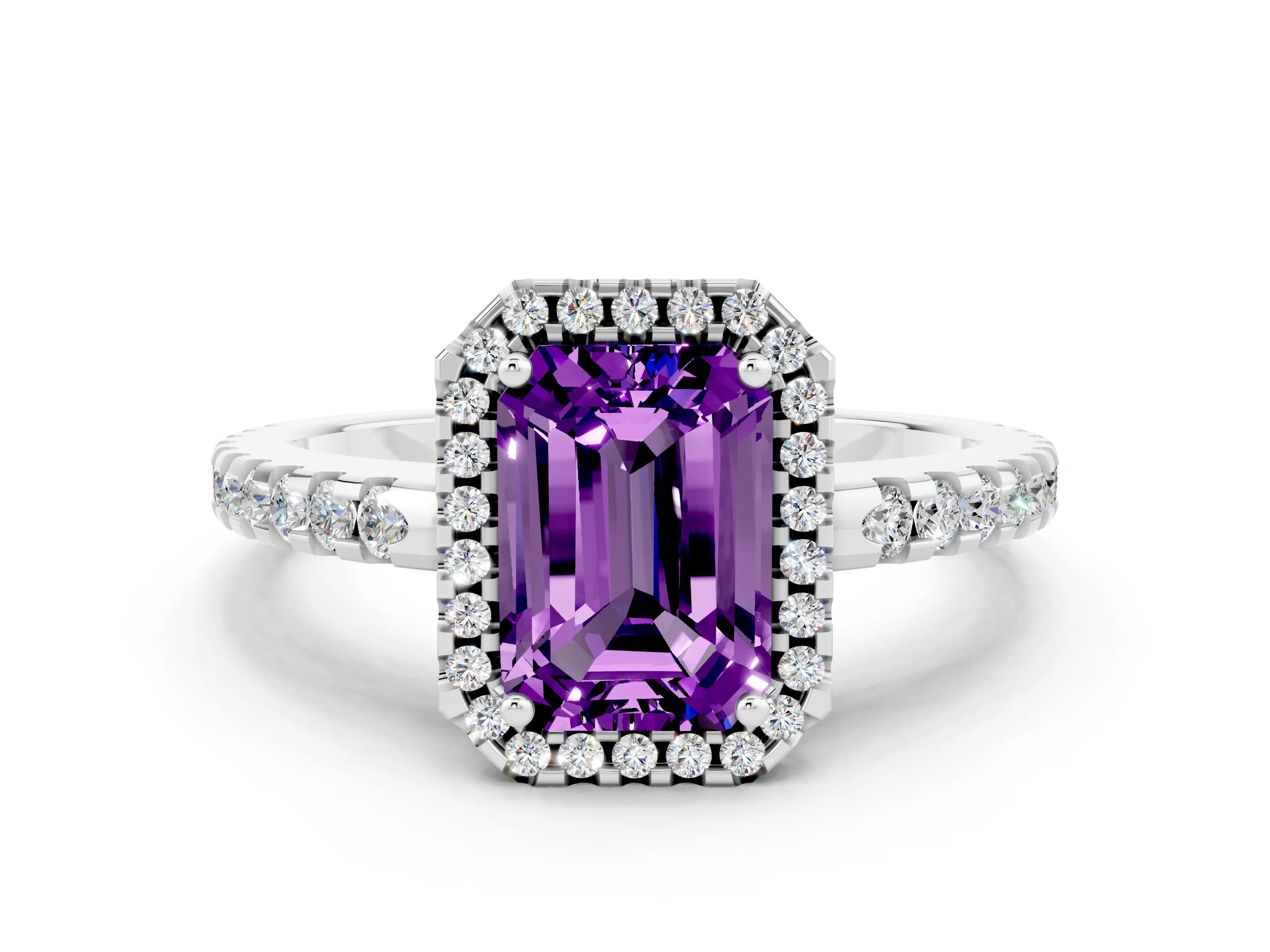 White gold Emerald Cut Amethyst Halo Engagement Ring with Pavé Band and Prong Setting_12