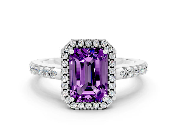 White gold Emerald Cut Amethyst Halo Engagement Ring with Pavé Band and Prong Setting