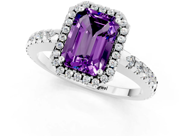 White gold Emerald Cut Amethyst Halo Engagement Ring with Pavé Band and Prong Setting